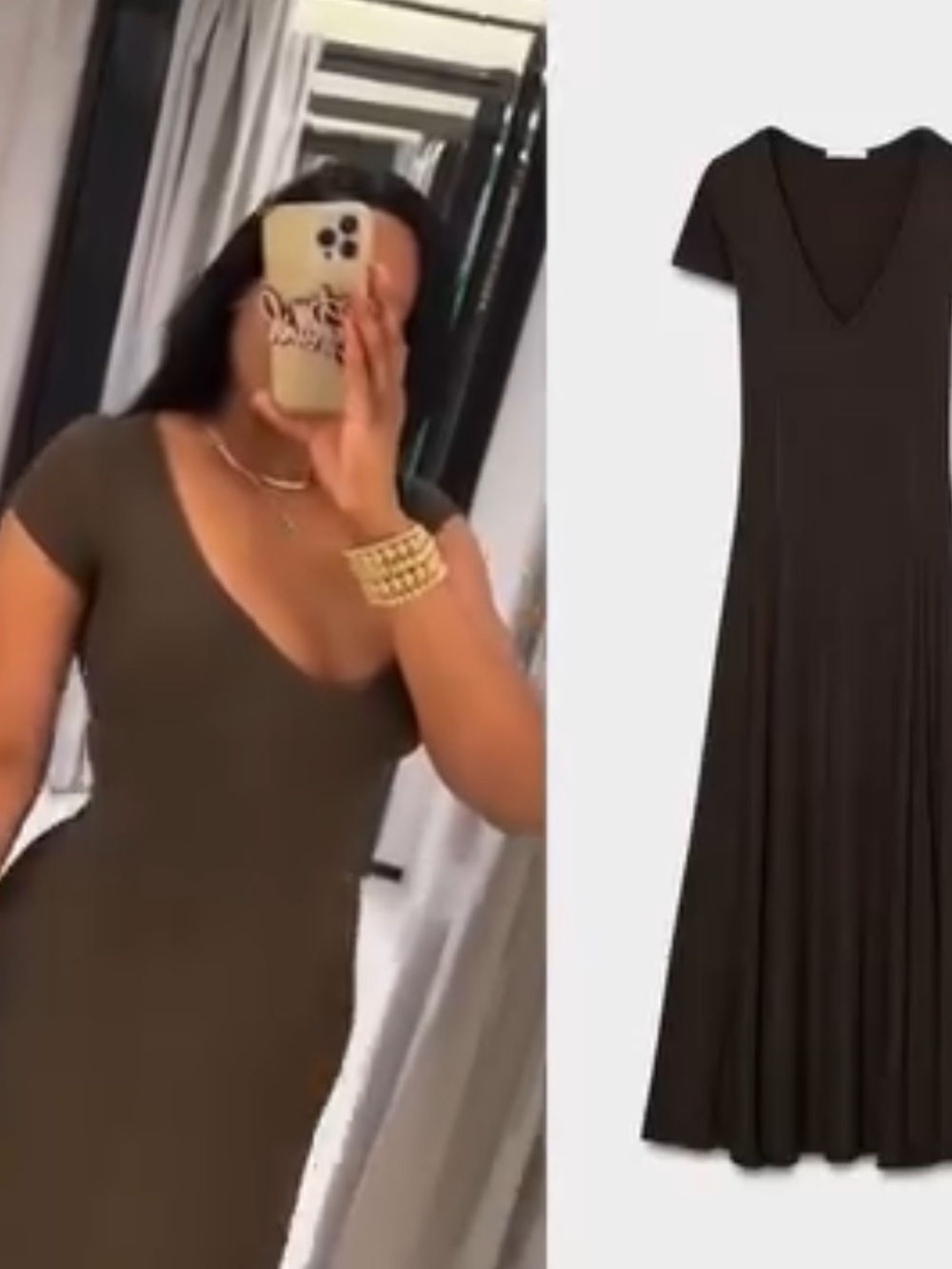Zara Olive V-Neck Short Sleeve Midi Dress